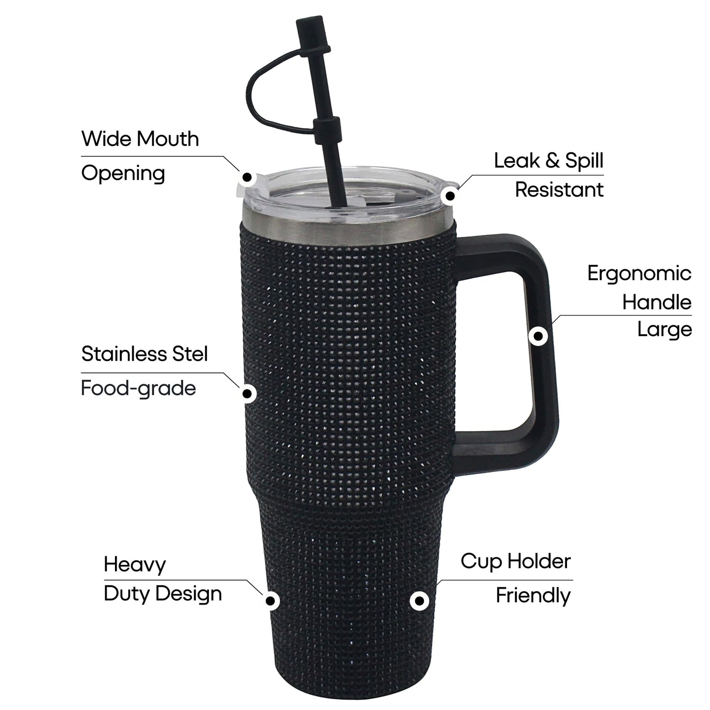 Lesser & Pavey Thirsteez Black Diamante Drinks Cup for Hot Or Cold Drinks | Large Thermal Travel Mug with Lid & Straw for Office, Gym, Home Or Travel | Insulated Tumbler Coffee Cups for Daily Use
