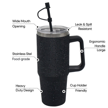 Lesser & Pavey Thirsteez Black Diamante Drinks Cup for Hot Or Cold Drinks | Large Thermal Travel Mug with Lid & Straw for Office, Gym, Home Or Travel | Insulated Tumbler Coffee Cups for Daily Use