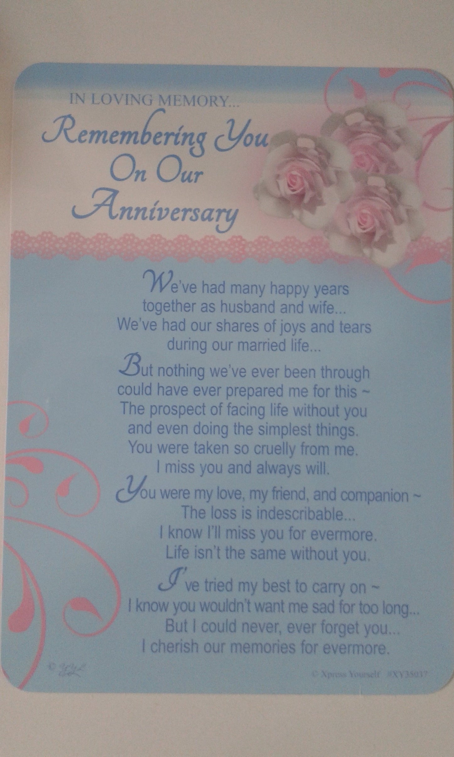 Xpress Yourself Loving Memory Graveside Memorial Card 5.75 X 4" Relations Friends Etc - REMEMBERING YOU ON OUR ANNIVERSARY