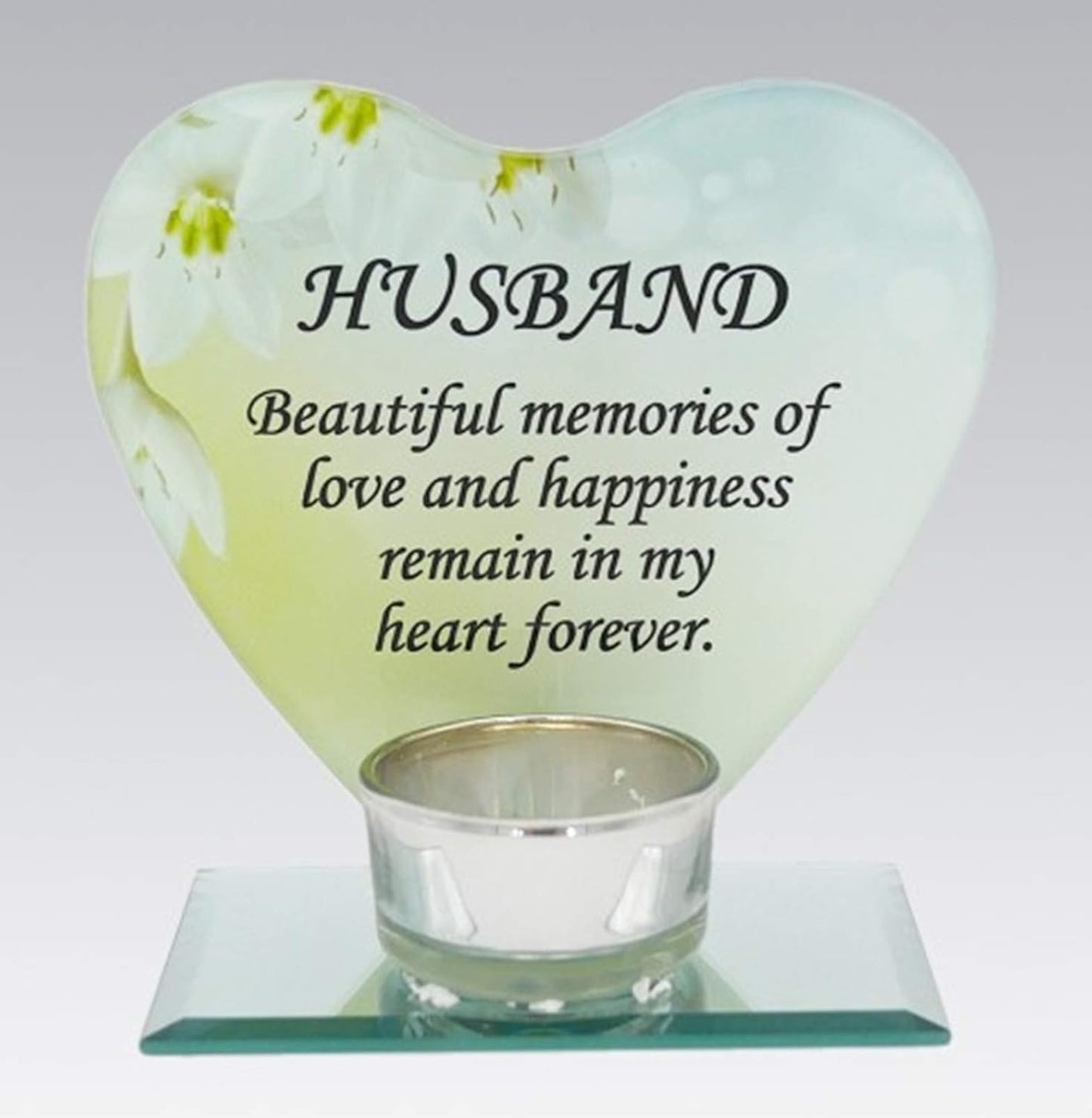 Husband Glass Heart Memorial Plaque Tealight Candle Holder Floral