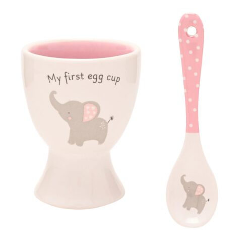 New Baby Ceramic Egg Cup and Spoon Gift Set Cute Elephant – Pink
