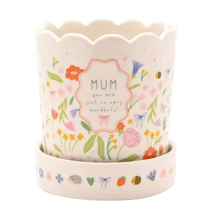 Love Life Mum Plant Pot with Saucer – Floral Ceramic Gift 11cm
