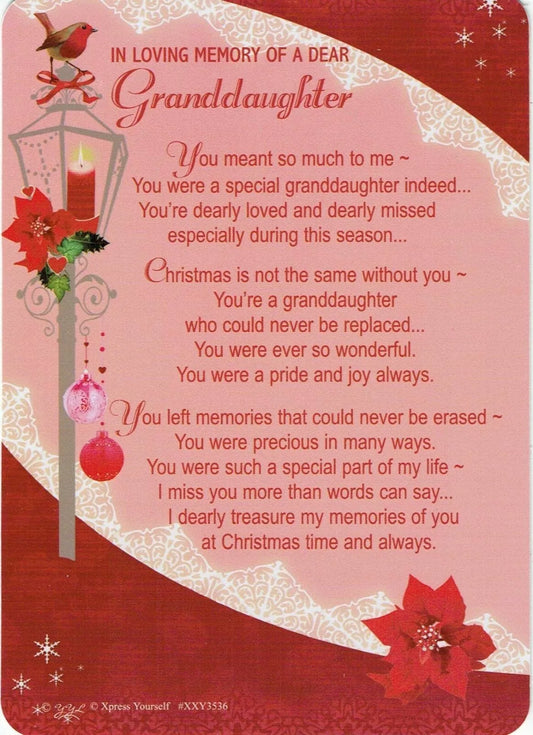Loving Memory Christmas Graveside Memorial Card - Dear Granddaughter 6.25x4.25"