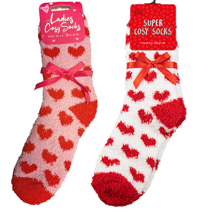 Ladies Valentines Socks Super Cosy Hearts Size 4 - 6 White and Red one pair  supplied