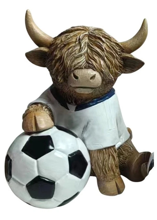 New Sitting Highland Cow With Football Ornament Hughie Figurines Home Decoration