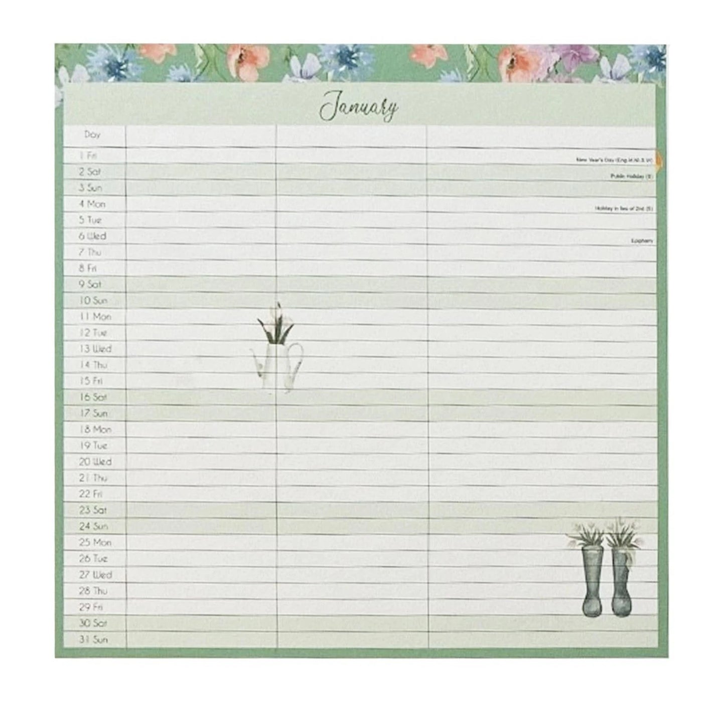 2027 Family Calendar 5 Column Organiser with Shopping List and Note Pad - Bees