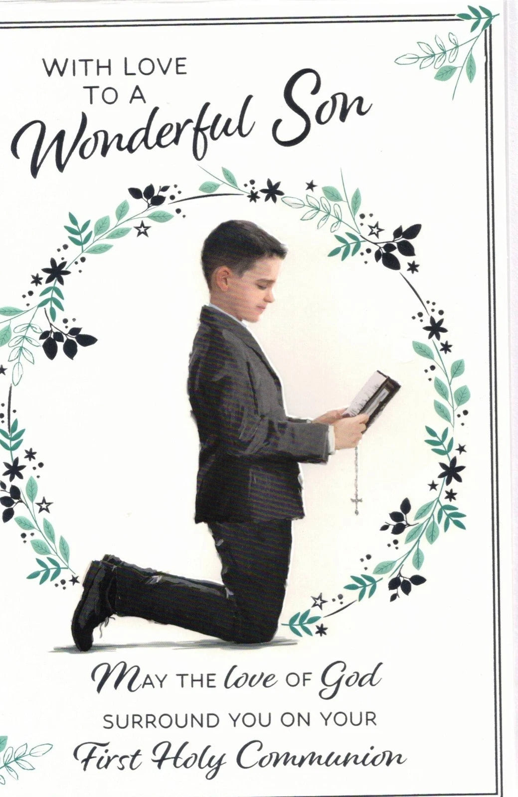 with love  to a wonderful son   may the love of god  surround  you  on your  first doly comunion  card