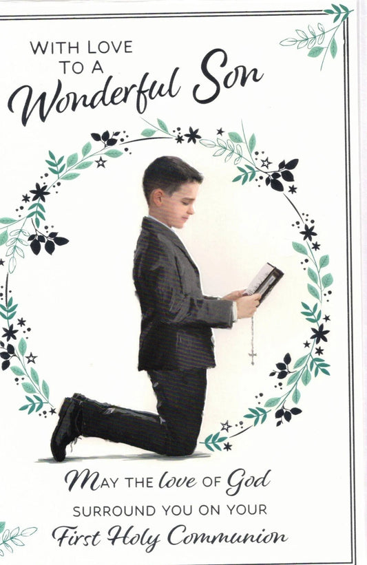 with love  to a wonderful son   may the love of god  surround  you  on your  first doly comunion  card
