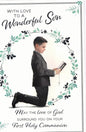 with love  to a wonderful son   may the love of god  surround  you  on your  first doly comunion  card