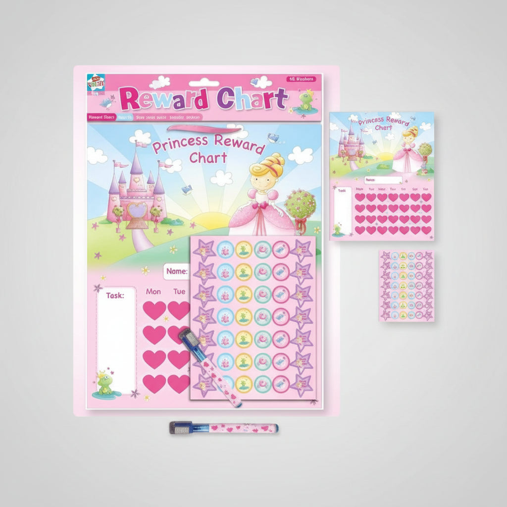 Childrens Girls Pink Princess Reward Chart Dry Wipe Pen + Stickers Toys