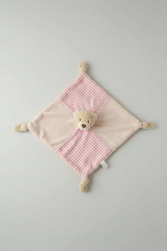 Keel Toys Pink Gingham Teddy Bear Knotted Rattling Comforter Blanket Soft Toy