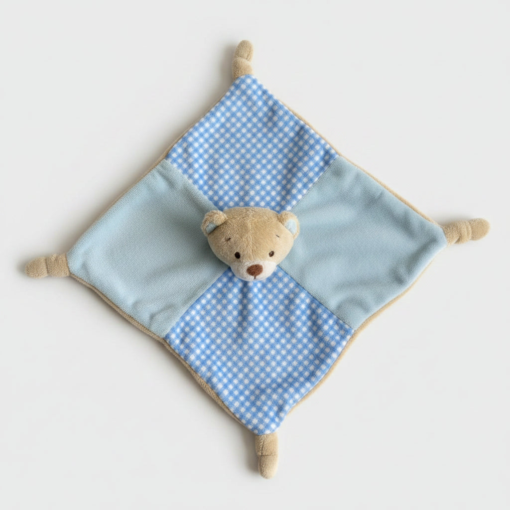 Keel Toys blue Gingham Teddy Bear Knotted Rattling Comforter Blanket Soft Toy