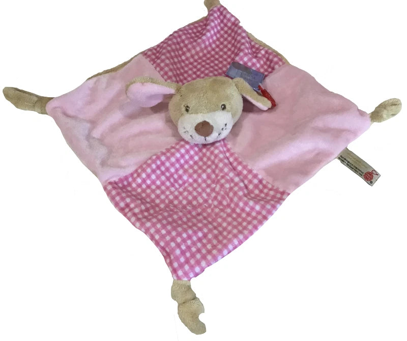 Keel Toys  pink Gingham puppy  dog  Knotted Rattling Comforter Blanket Soft Toy