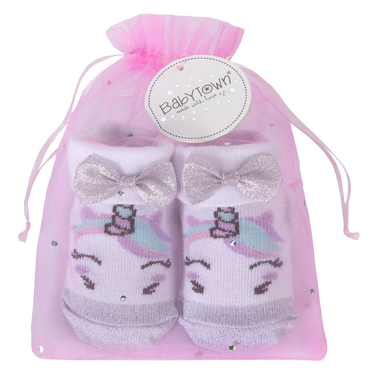 Unicorn Pair of Baby Socks for Baby Girl,  Silver with Gift Bag 6-12