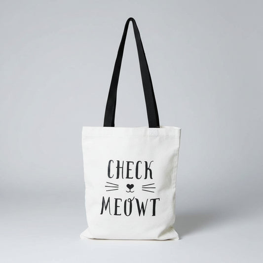 Check Meowt Cat Tote Bag Reusable Canvas Shopper Bag Black White Cute Cat