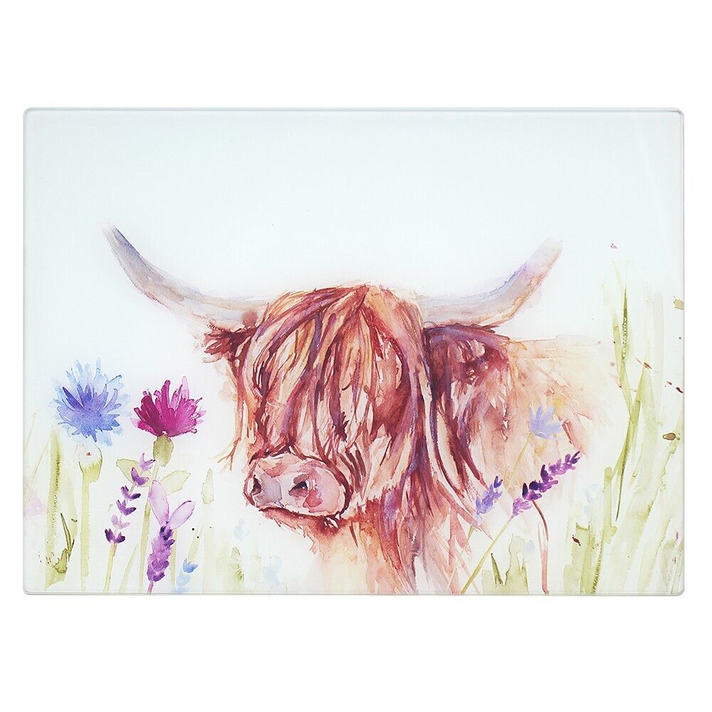 Highland Cow Watercolour Glass Cutting Chopping Board Worktop Saver Jenifer Rose