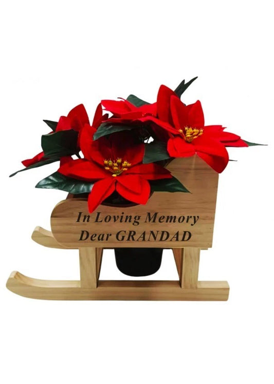 Memorial Wooden Sleigh WITH Red Poinsettia Grave Pot   grandad