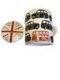 A white porcelain mug with a Union Jack pattern and a coaster with a Union Jack design.