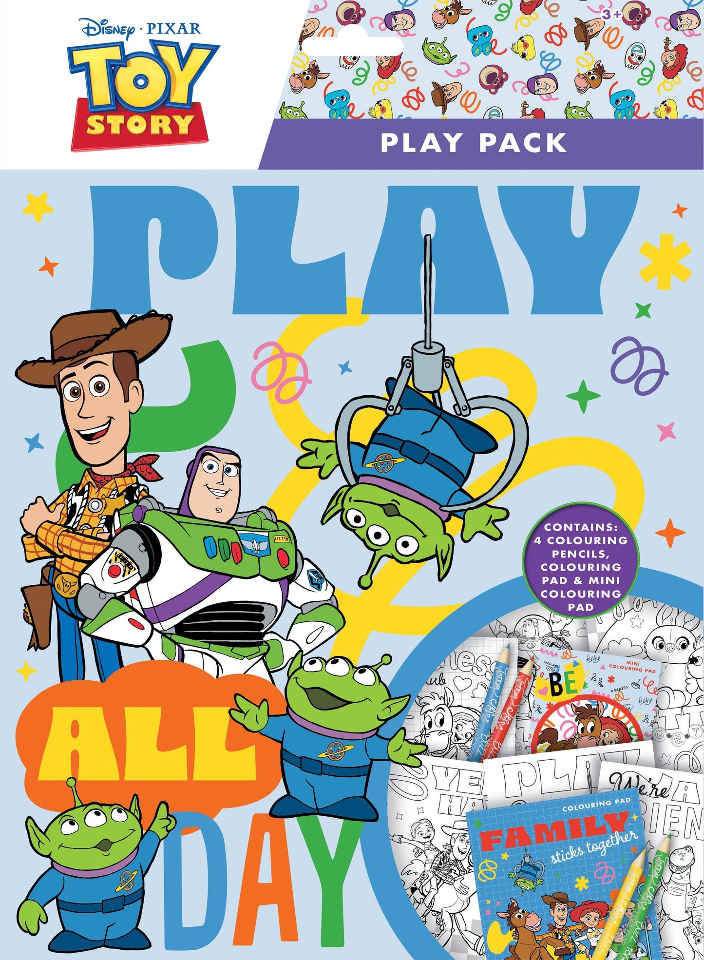 Toy Story Play Pack, Colouring Pad, Mini Colouring Pad, 4 Colouring Pencils and a Door Hanger.