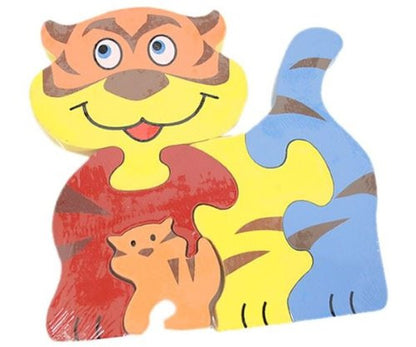 Traditional Wooden Painted Shape Fit Wild Jungle Animal Puzzle - Mother & Baby - Set Of 4 - hanrattycraftsgifts.co.uk