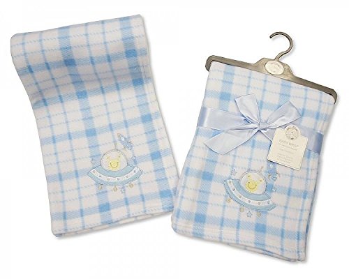 Brand New Snuggle Baby Fleece Baby Wrap Blanket Blue & White Check with Spaceship Design - hanrattycraftsgifts.co.uk
