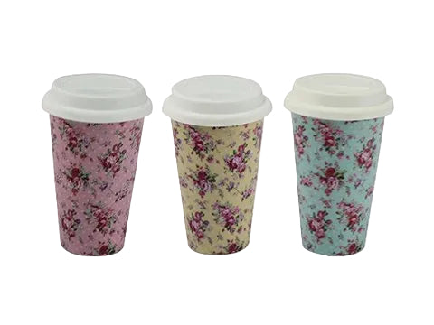 Ditsy Rose Double Walled Insulated Ceramic Travel Mugs - 1 x Colour on Random Basis - hanrattycraftsgifts.co.uk