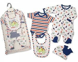 Brand New Baby Boys 5piece Gift Set Sleepsuit, Vest, Bib, Hat & Mitts Hungry Dinosaur 3 sizes (0-3mths) - hanrattycraftsgifts.co.uk