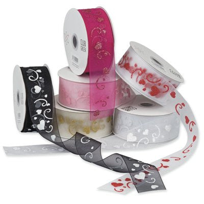 FUCHSIA/SILVER ORGANZA GLITTER HEART RIBBON - 38MM X 10 Mt FROM CLUB GREEN - hanrattycraftsgifts.co.uk