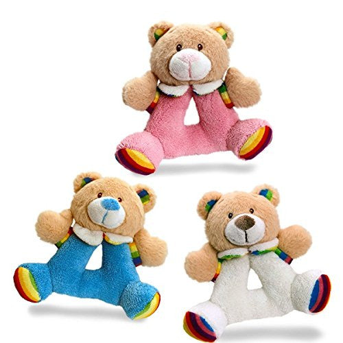Keel Toys Rainbow Teddy Rattle 15cm - Blue - hanrattycraftsgifts.co.uk