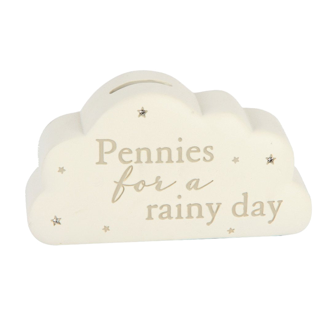 Bambino Baby Resin Cloud Shape Money Box Pennies for a Rainy Day - hanrattycraftsgifts.co.uk