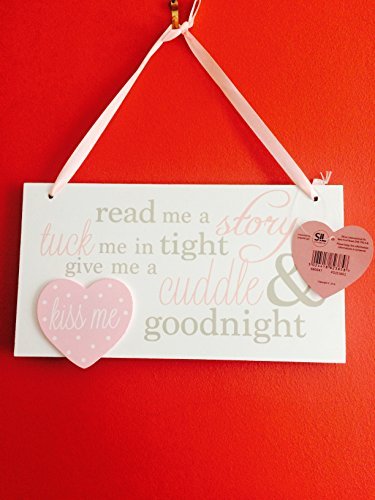 Pink Read me a story tuck me in tight give me a cuddle and kiss me goodnight wooden hanging plaque - hanrattycraftsgifts.co.uk