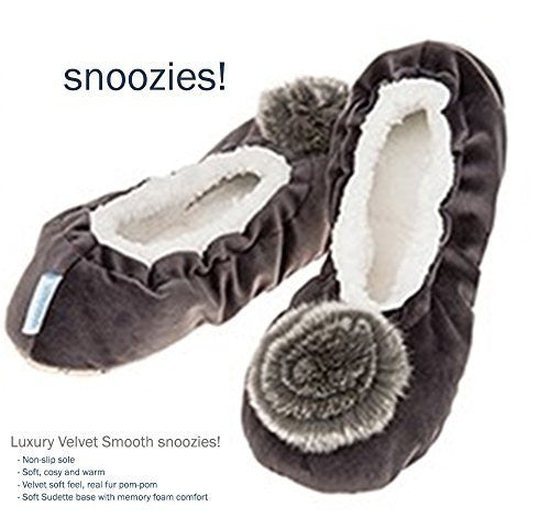 Luxury Deep Grey Velvet Real Fur Pom-Pom Snoozies Ballet Slippers - Ladies UK Sizes 3 to 7 (LARGE UK 6-7) - hanrattycraftsgifts.co.uk