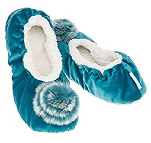 Luxury Teal VelvetPom-Pom Snoozies Ballet Slippers - Ladies MEDIUM UK 4-5 - hanrattycraftsgifts.co.uk