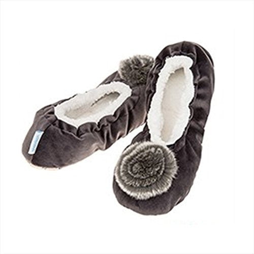 Luxury Deep Grey Velvet  Pom-Pom Snoozies Ballet Slippers - Ladies  SMALL UK 3-4 - hanrattycraftsgifts.co.uk
