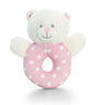 PINK & WHITE SPOTTY Baby's First Rattle Teddy Bear Baby Girl Gift by Keel Toys - hanrattycraftsgifts.co.uk