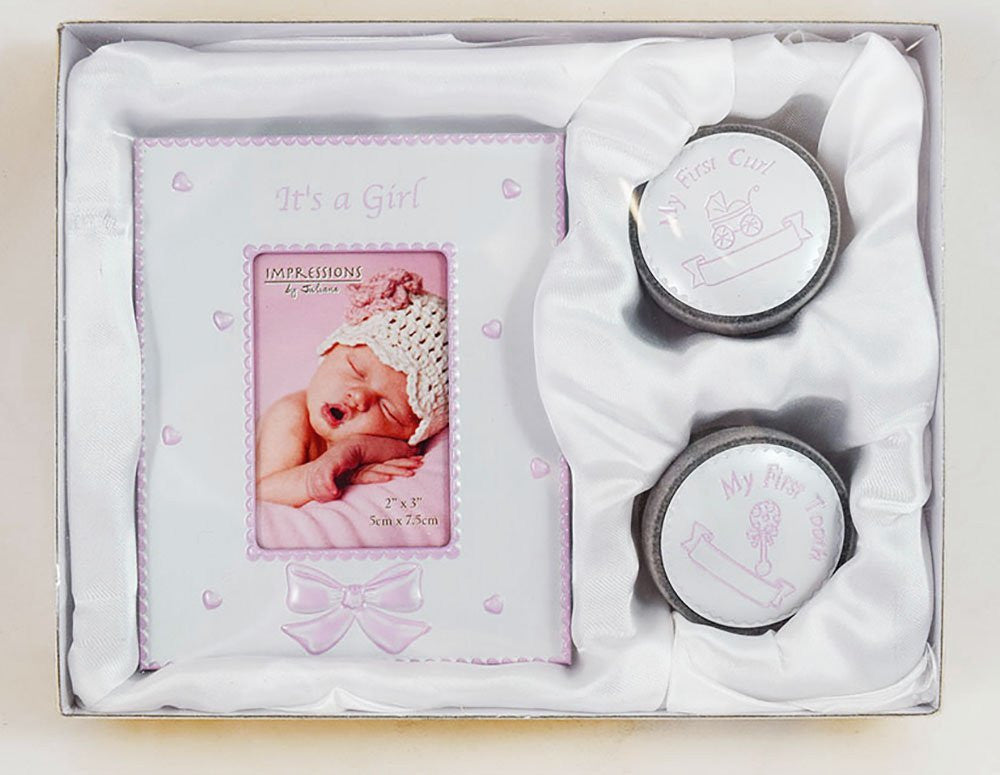 Its A Girl Frame My First Curl Tooth Gift Set New Baby Pink Picture Keepsake - hanrattycraftsgifts.co.uk