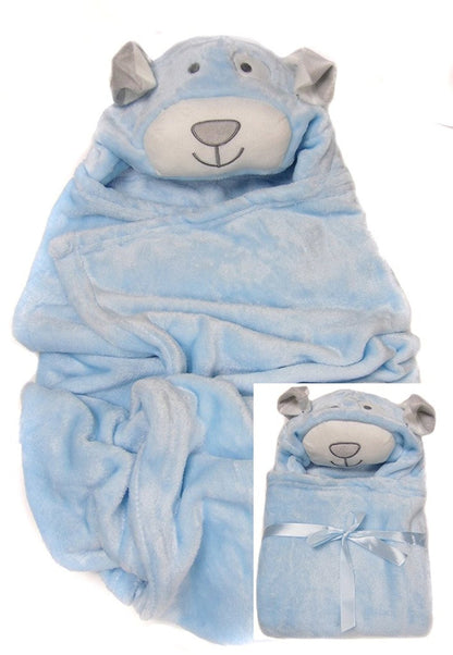 Baby Wrap Pink Cream Blue 3D Head Hooded Snuggle Wrap Soft Coral Fleece - hanrattycraftsgifts.co.uk