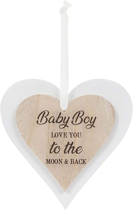 Double Wooden Heart Plaque Hanging Sign - Baby Boy Love You To The Moon & Back