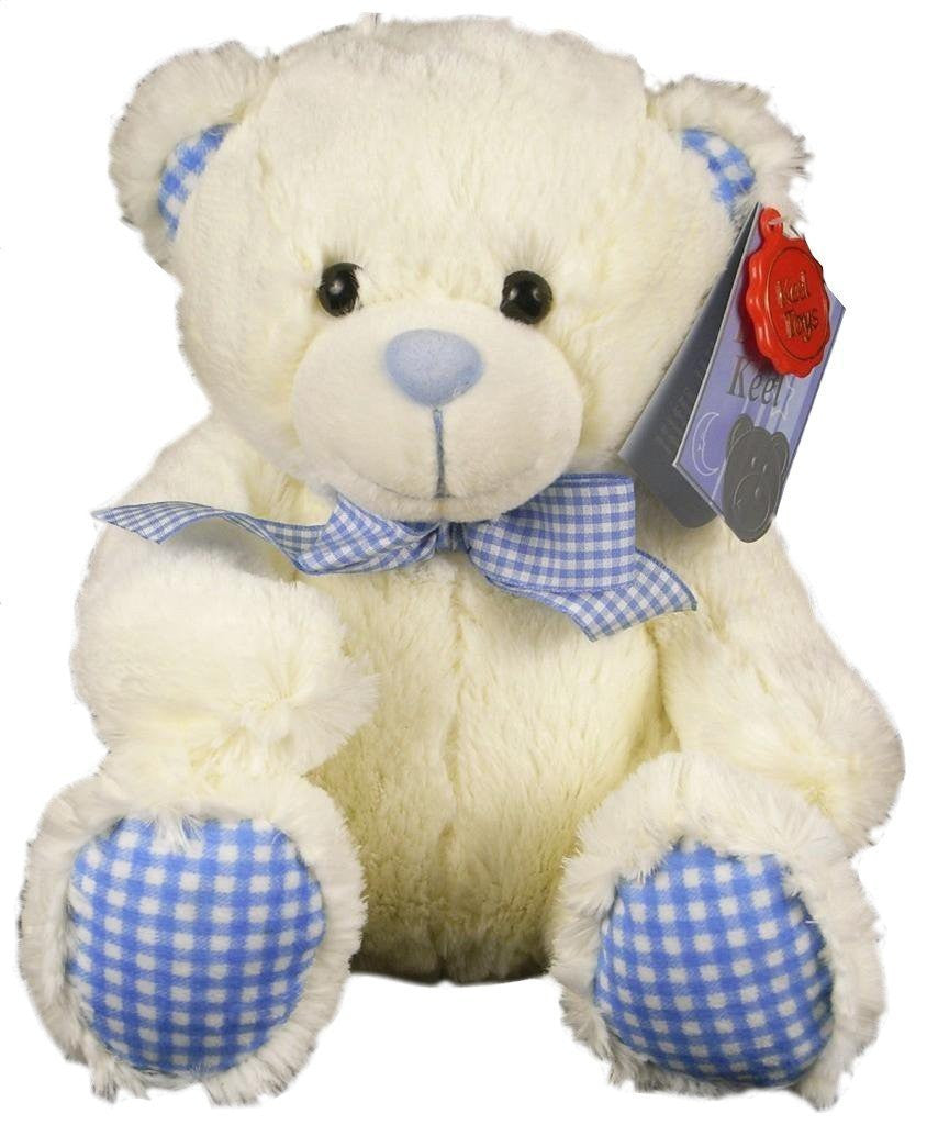 nursery cream bobby bear blue gingham feet ears 30cm - hanrattycraftsgifts.co.uk