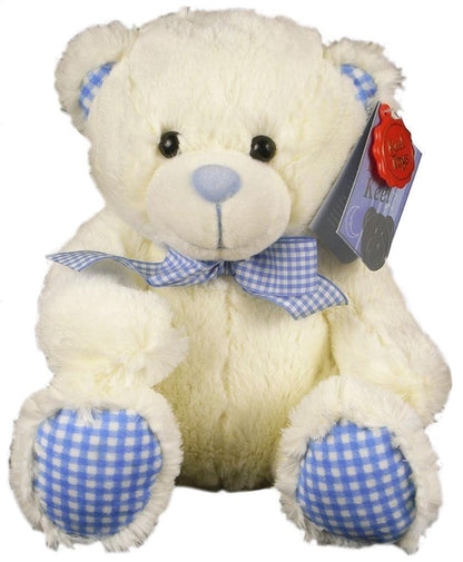 nursery cream bobby bear blue gingham feet ears 30cm - hanrattycraftsgifts.co.uk