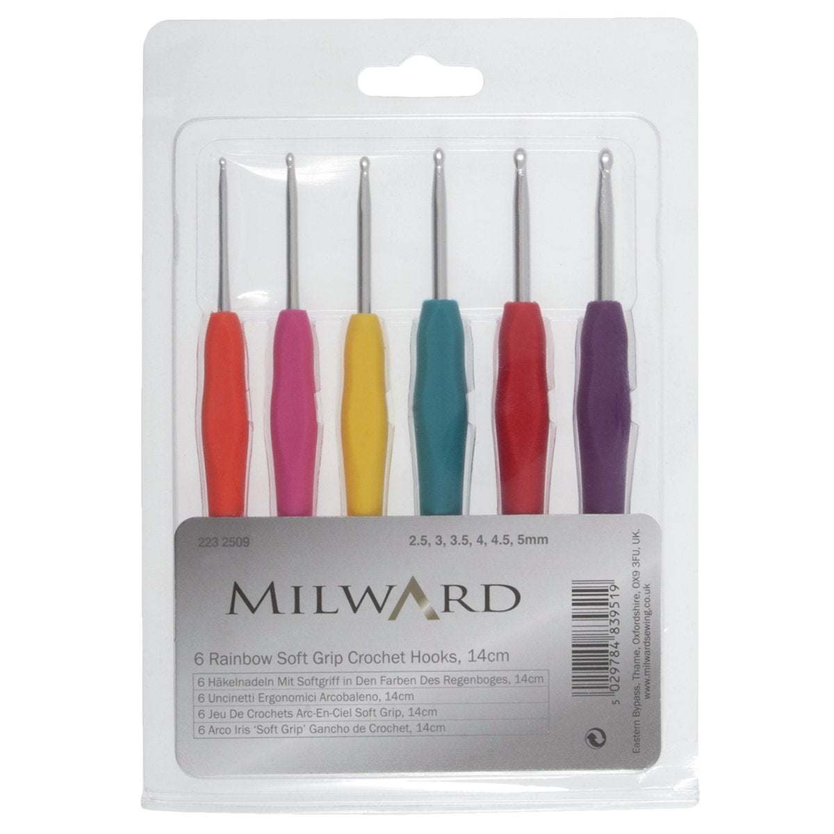 Milward Deluxe Six Piece Soft Grip Rainbow Crochet Hook Set 2.5-5.00mm - hanrattycraftsgifts.co.uk