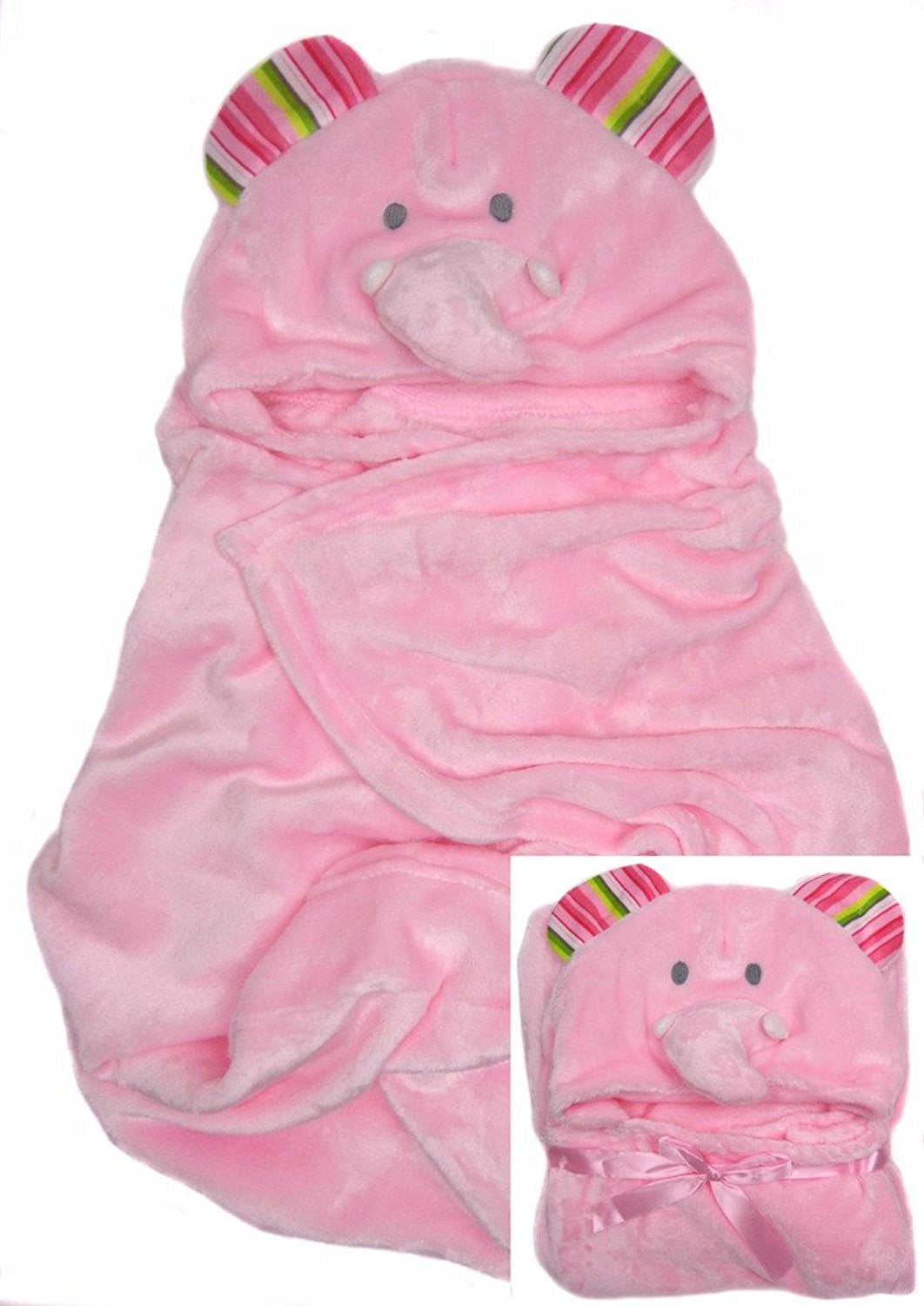 Baby Wrap Pink Cream Blue 3D Head Hooded Snuggle Wrap Soft Coral Fleece - hanrattycraftsgifts.co.uk