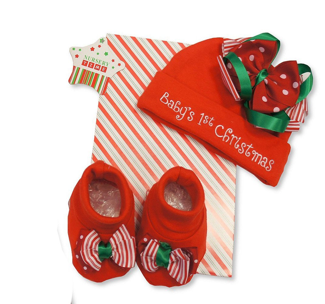 Cute 2 Piece Red Gift Set - Babys 1st Christmas Design - Incs Hat & Booties - 0-6 Months - hanrattycraftsgifts.co.uk