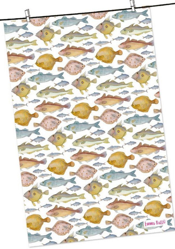 Emma Ball Fishes Cotton Tea Towel - hanrattycraftsgifts.co.uk