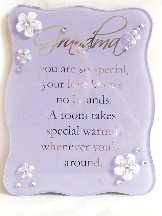 Juliana Glass Curved Edge Plaque & Flowers Lilac - Grandma - hanrattycraftsgifts.co.uk