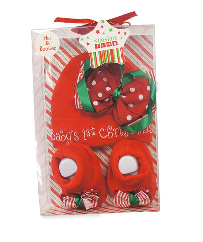 Cute 2 Piece Red Gift Set - Babys 1st Christmas Design - Incs Hat & Booties - 0-6 Months - hanrattycraftsgifts.co.uk