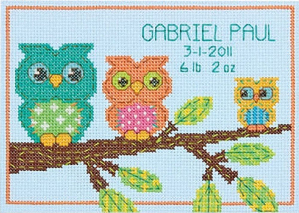 Dimensions "Mini Owl Birth Record" Counted Cross Stitch Kit, Multi-Colour - hanrattycraftsgifts.co.uk