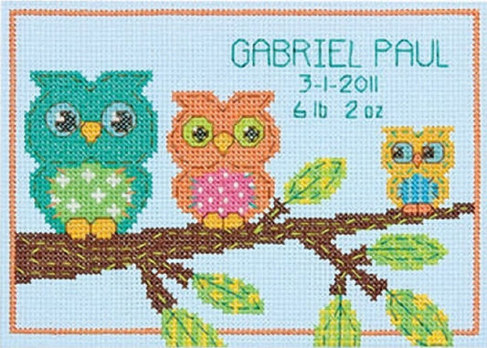 Dimensions "Mini Owl Birth Record" Counted Cross Stitch Kit, Multi-Colour - hanrattycraftsgifts.co.uk
