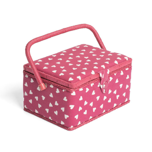 Hobby Gift MRM/189 | Raspberry Heart Print Med Sewing Basket | 18½x26x15cm - hanrattycraftsgifts.co.uk