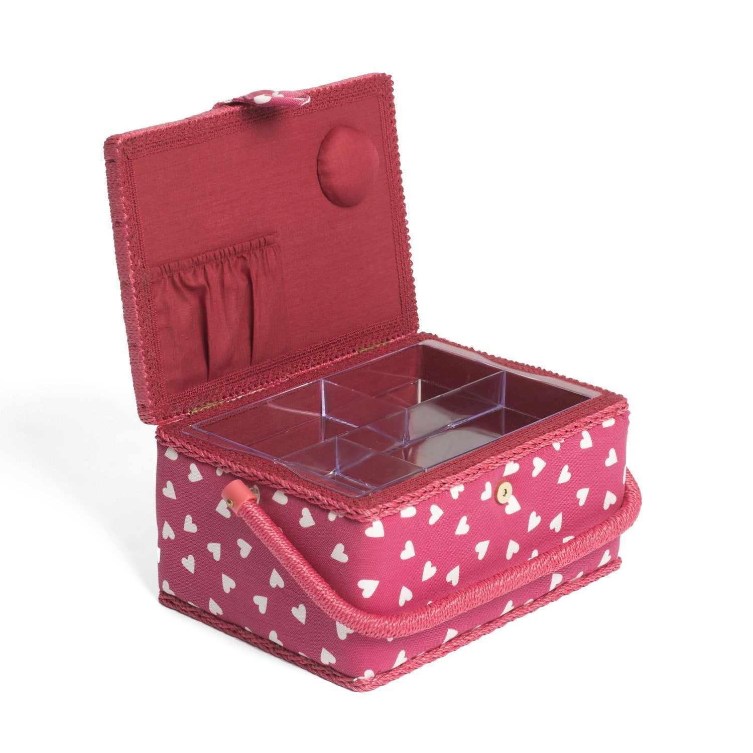 Hobby Gift MRM/189 | Raspberry Heart Print Med Sewing Basket | 18½x26x15cm - hanrattycraftsgifts.co.uk